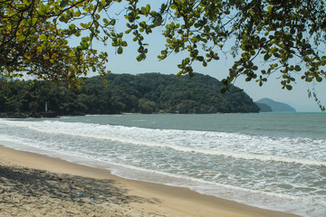Praia do Cruzeiro, Ubatuba, Sao Paulo, Brazil - Paradise tropical beach with white sand, blue and calm waters, without people on a sunny day and blue sky of the Brazilian coast in high resolution