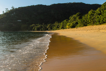 Sunny day at Vermelha do Sul Beach, Ubatuba, São Paulo, Brazil. Tranquil waters, reddish sand, and lush preserved nature make this tropical paradise an idyllic coastal escape