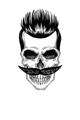 Monochrome illustration barbershop of skull with beard, mustache, hipster haircut and on white background, cartoon, angry, beautiful, brutal.