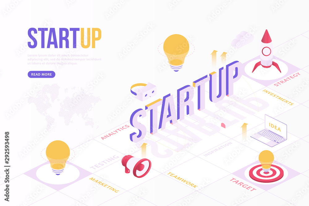 Aufkleber startup web banner concept. creative design template with isometric objects and three dimensional te