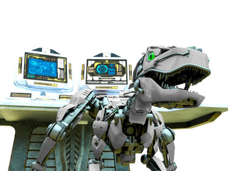 velociraptor robot in front of the computer console close up