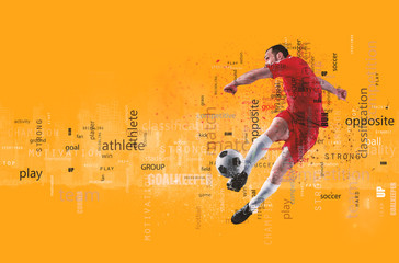 Football scene of a soccer player in action. Text effect in overlay with the most used terms....