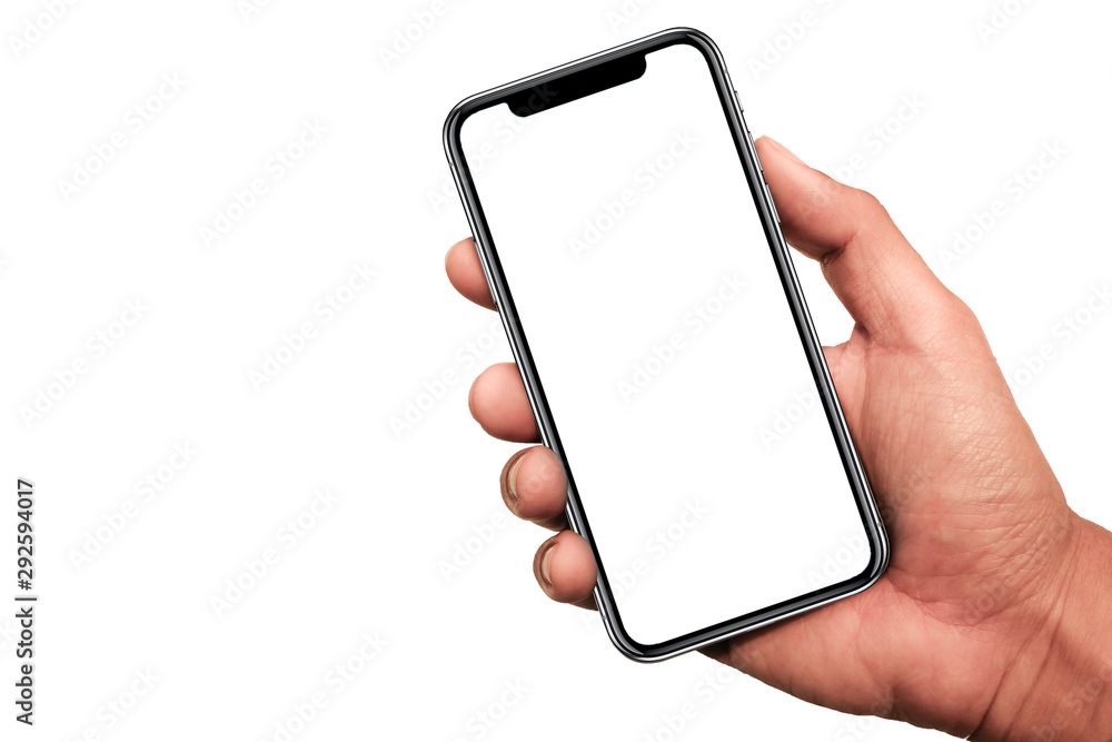 Poster hand holding the black smartphone iphone with blank screen and modern frameless design in two rotate