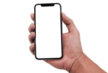Studio shot of Smartphone  iphoneX with blank white screen for Infographic Global Business Plan, model  iPhone 11 Pro or iPhone x Max.