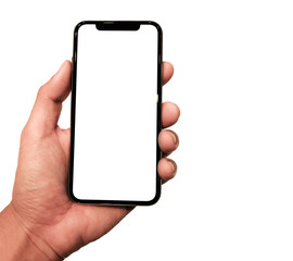Studio shot of Smartphone  iphoneX with blank white screen for Infographic Global Business Plan,...