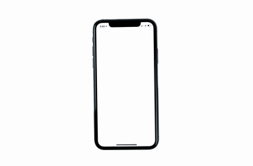 Studio shot of Smartphone  iphoneX with blank white screen for Infographic Global Business Plan,...