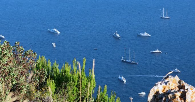 Beautiful Aerial Landscape, Yachts And  Mediterranean Sea View Behind Tree Branches, From The Top Of The Mountain, French Riviera, France Europe - DCi 4K Resolution