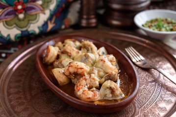 Turkish Casserole Karides Guvec, Shrimp and Mushroom Stew Baked in Clay Dish