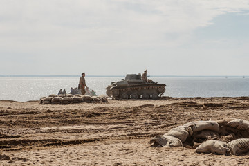 Saint-Petersburg, Russia. 05/09/2019 On the shore of the Gulf of Finland, Soviet equipment and soldiers participated in the Second World War