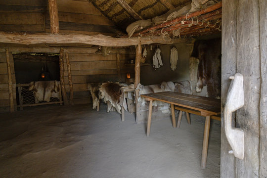Reconstructed living and sleeping room in the viking village Hedeby on the inlet Schlei of the Baltic Sea in Northern Germany