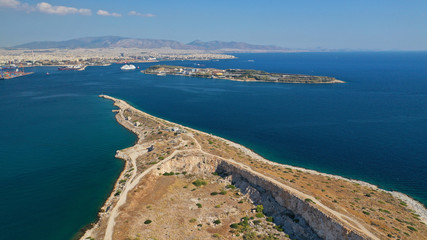 Aerial drone photo of industrial area in island of Salamina near Kinosoura Peninsula, Saronic Gulf,...