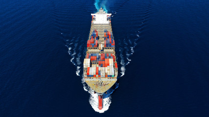 Aerial photo of large cargo container ship cruising the deep blue Mediterranean sea