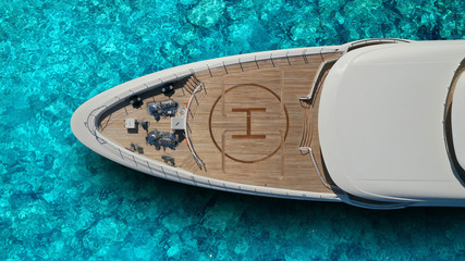 Aerial drone top view photo of large yacht nose - boat with helicopter landing area docked in...