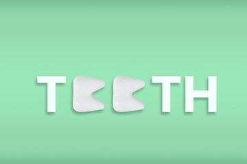 Illustration with Teeth text with teeth on neo mint background. Copy space, advertising template on trend,  dental conceptual banner for dentist, stomatologist, odontology and stomatology