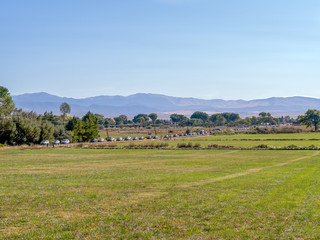 Fototapeta premium line of cars along a road in the countryside landscape