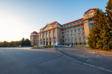 Debrecen University building, beautiful and unique construction at sunset