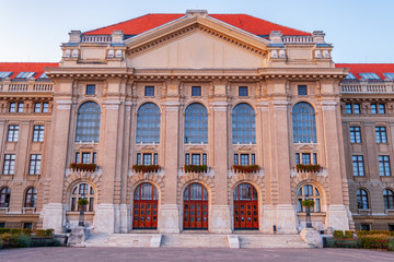 Debrecen University building, beautiful and unique construction at sunset