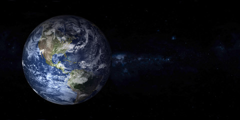 Planet Earth with night city lights in the space with far galaxy on the background. North and south America. Twillight. Blue planet. Science fiction. Elements of this image were furnished by NASA 