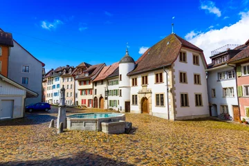 Deurstickers Old town buildings and fountain in Brugg town, Canton Aargau, Switzerland © Michal Ludwiczak