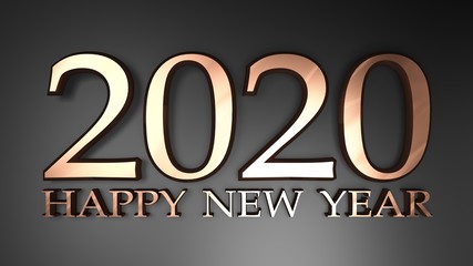 2020 Happy New Year copper write on black background - 3D rendering illustration