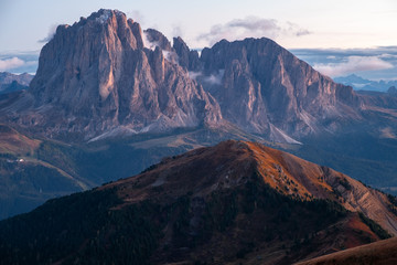 Mountain meadow  in Gardena valley and Seceda peak , background Alpe di Siusi or Seiser Alm in the with Province of Bolzano, South Tyrol in Dolomites