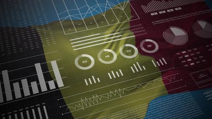 Belgium. Statistics, infographics, financial market data, analysis and reports, numbers and graphs on Belgian waving flag 4K. - Powered by Adobe