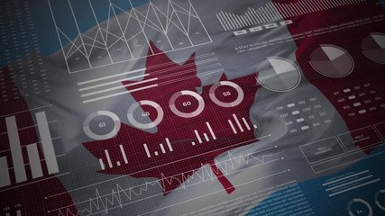 Canada. Statistics, infographics, financial market data, analysis and reports, numbers and graphs on canadian waving flag 4K.  - Powered by Adobe