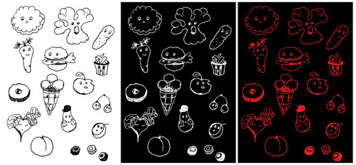 Fototapeta na wymiar  Fast food Seamless, quick snacks, black and white vegetable set, vector illustration