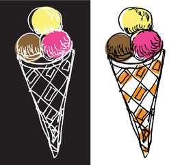 three balls of ice cream in a waffle cup, snack, illustration, vector