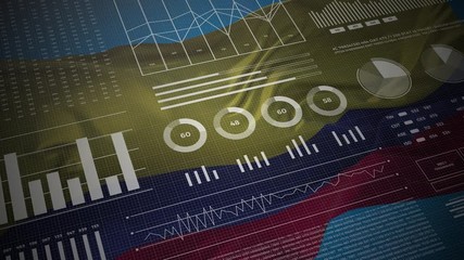 Colombia. Statistics, infographics, financial market data, analysis and reports, numbers and graphs on Colombian waving flag 4K.  - Powered by Adobe