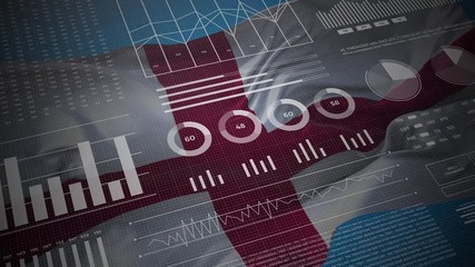England. Statistics, infographics, financial market data, analysis and reports, numbers and graphs on English waving flag 4K. - Powered by Adobe