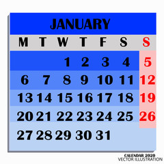 Obraz premium Calendar design month january 2020. Year 2020 calendar. Colorful design for calendar 2020. Calendar for organization and business. Week Starts Monday. Vector illustration.
