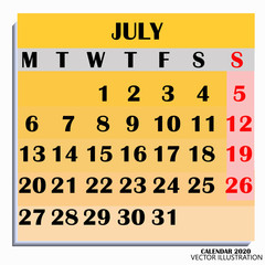 Calendar design month july 2020. Year 2020 calendar. Colorful design for calendar 2020. Calendar for organization and business. Week Starts Monday. Vector illustration.