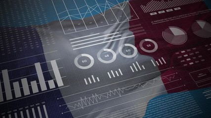 France. Statistics, infographics, financial market data, analysis and reports, numbers and graphs on waving French flag 4K.  - Powered by Adobe