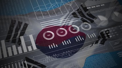 South Korea. Statistics, infographics, financial market data, analysis and reports, numbers and graphs on South Korean waving flag 4K.  - Powered by Adobe