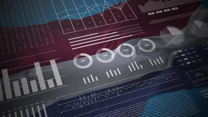 Netherlands. Statistics, infographics, financial market data, analysis and reports, numbers and graphs on Netherlandish waving flag 4K. - Powered by Adobe