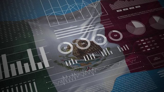 Mexico. Statistics, infographics, financial market data, analysis and reports, numbers and graphs on waving Mexican flag 4K. 