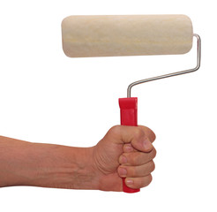 roller for paintin, the palm of your hand, repair concept, for painted surface, isolated white background