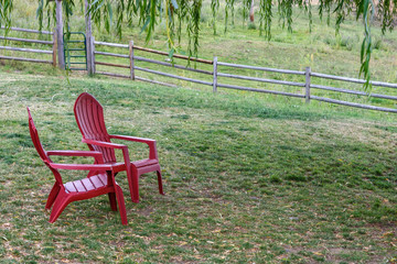 Red plastic Adirondack chairs on the back lawn, under a weeping willow, wood fence separating yard from pasture