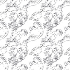Vector Sky bird cockatoo in a wildlife isolated. Black and white engraved ink art. Seamless background pattern.