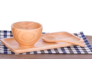 Cup and spoon wooden on white background