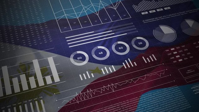 Philippines. Statistics, infographics, financial market data, analysis and reports, numbers and graphs on Philippine waving flag 4K. 