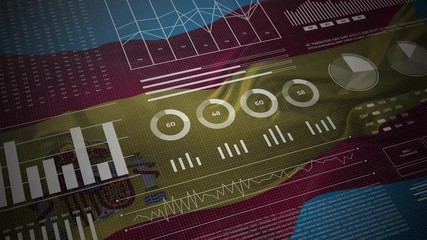 Spain. Statistics, infographics, financial market data, analysis and reports, numbers and graphs on Spanish waving flag 4K. - Powered by Adobe
