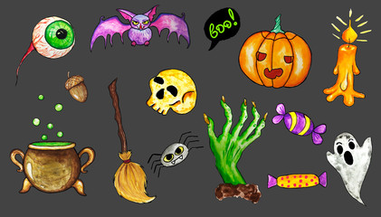 Halloween Symbols And Attributics hand drawn watercolor illustration set. Spooky cartoon style stickers.