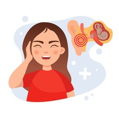 Vector illustration of a cute girl holding her ear. Ear disease concept. Anatomy of the ear.