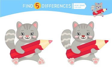 Find differences.  Educational game for children. Cartoon vector illustration of cute kitten with pencil.