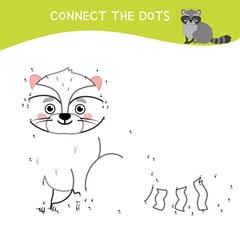 Educational game for kids. Dot to dot game for children. Cartoon cute raccoon. Forest animals.