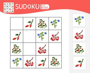 Sudoku game for children with pictures. Kids activity sheet. Cartoon berries.