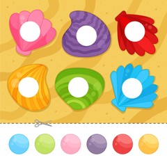 Educational  game for children. Cut and glue on the right place. Material for kids to learn color. Cartoon seashells.