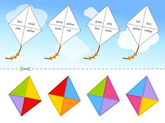 Educational game for children. Cut and glue on the right place. Material for kids to learn color. Cartoon kites in the sky.